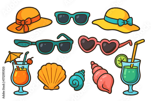 Summer vacation travel icon set. Beach party accessories collection. Vector cartoon illustration of sun hat, sunglasses, tropical drink, seashell. Holiday design sticker elements.
