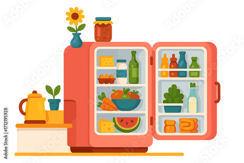 Open refrigerator with fresh healthy food and drinks. Vector flat illustration of a fridge full of groceries. Kitchen interior concept for diet, lifestyle and nutrition.