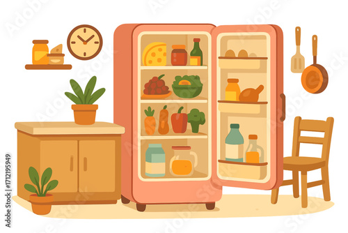 Open refrigerator full of fresh healthy food. Vector flat illustration of a kitchen interior with a pink fridge stocked with groceries, fruit and vegetables. Nutrition diet concept.