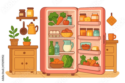 Open refrigerator full of fresh healthy food and groceries in a cozy kitchen setting. Vector flat cartoon illustration. Nutrition, diet, and healthy eating lifestyle concept.