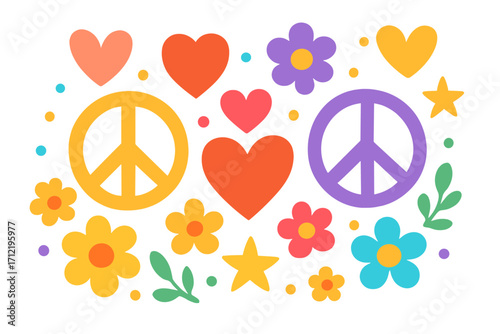 Hippie groovy retro background with peace signs, hearts, and flowers. Colorful 60s and 70s sticker pack. Vector illustration of love and peace symbols. Flat cartoon icons set.