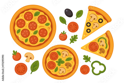Pizza vector set flat cartoon illustration. Pepperoni and vegetarian pizza slices with ingredients. Tomato, mushroom, olive for pizzeria menu design. Italian fast food concept.
