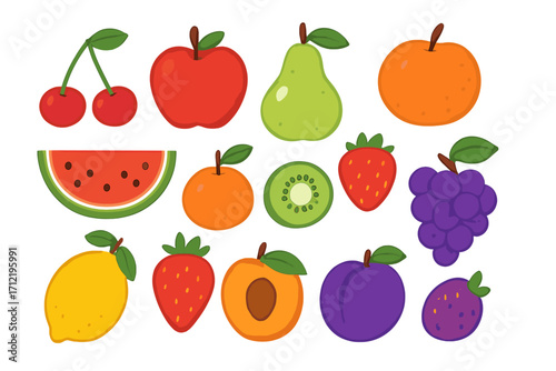 Fruit collection vector flat illustration. Set of cute cartoon fruits icon. Cherry, apple, pear, orange, watermelon, kiwi, strawberry, grape, lemon, plum, apricot isolated. Fresh healthy food.