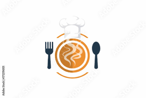 Dynamic culinary emblem with a chef's hat, hot plate, and utensils, symbolizing food preparation, cooking excellence, and delightful gastronomic creations