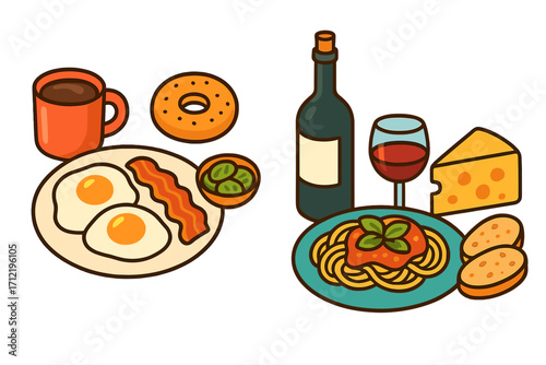 Vector illustration set of breakfast and dinner meals. American breakfast with fried eggs, bacon, coffee, and Italian dinner with pasta, red wine, cheese. Food icons concept.