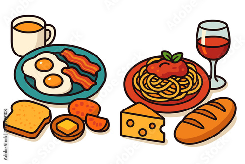 Food icon set vector flat cartoon illustration. Breakfast with eggs, bacon, toast. Dinner with spaghetti pasta, red wine, cheese, bread. Meal collection for menu or design.