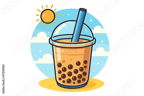 Bubble tea vector illustration on a sunny beach. Refreshing summer boba drink with tapioca pearls in a plastic cup. Cartoon style for menu, poster or sticker design.