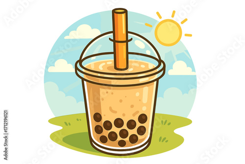 Delicious bubble tea served in a clear cup with tapioca pearls. Vector cartoon illustration of a summer drink. Boba milk tea for takeaway on a sunny day in a park.