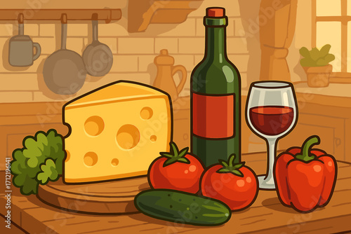 Cartoon still life of gourmet food and wine. Fresh cheese and organic vegetables on a kitchen counter. Concept for healthy eating, cooking, or a restaurant menu illustration.