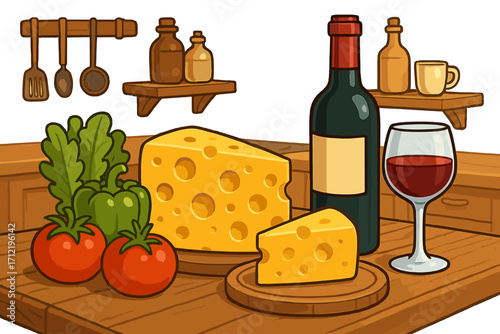 Gourmet food still life with cheese, red wine, and fresh vegetables on a rustic wooden kitchen counter. Vector cartoon illustration for a restaurant menu or deli advertisement.