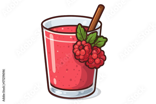 Raspberry smoothie vector cartoon illustration. Fresh berry fruit shake in glass with mint. Healthy organic detox beverage icon for menu. Summer refreshment drink or cocktail.
