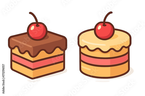 Two delicious layered cakes with cherry on top. Vector flat cartoon illustration set of pastry, dessert, and sweets. Chocolate and vanilla cake slice for bakery menu design.