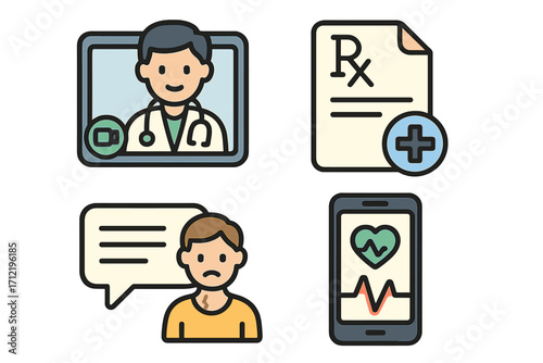 Telemedicine icons set for digital healthcare. Online doctor video call consultation, e-prescription, patient symptom chat, and remote health monitoring on a smartphone app. Vector.