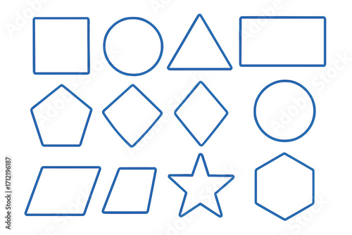 Set of basic geometric shapes. Blue outline icons. Square, circle, triangle, rectangle, pentagon, hexagon, star, rhombus. Minimalist 2d geometry figures for design.