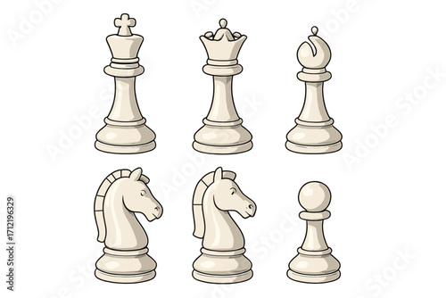 Chess pieces vector icon set. White cartoon king, queen, knight, bishop, pawn. Board game strategy concept. Elegant classic chessmen figures illustration isolated on white.