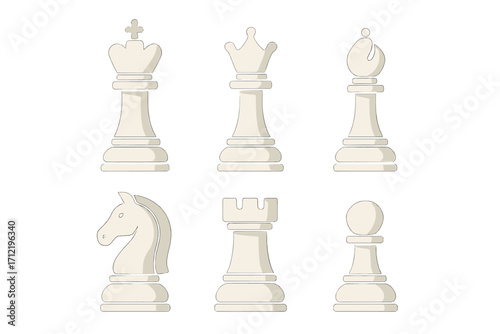 Chess pieces vector icon set. King, queen, rook, bishop, knight, pawn figures. Strategy board game symbols. Elegant white cartoon illustration isolated on transparent background.