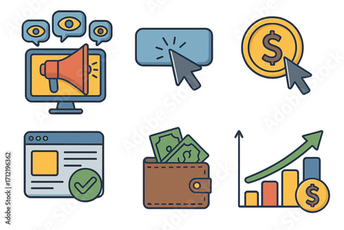 Essential digital advertising metrics icon set. Vector icons for impressions, CTR, CPC, conversion, budget, and ROI. Online marketing campaign analytics for business success.