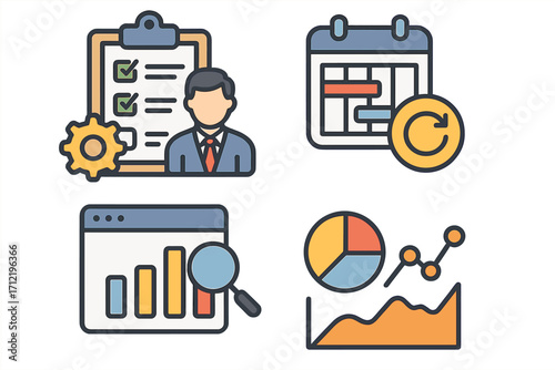 Essential business icons for project management and data visualization. Vector cartoon set with manager, checklist, schedule, calendar, analytics, graph, and pie chart.