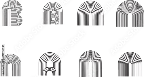 Black abstract arcs and letterforms arch bold
