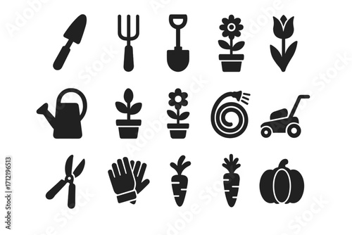 Garden icon set with tools and plants. Simple silhouette design for gardening, horticulture, and farming. Vector glyph collection with lawn mower, shovel, flower, and vegetables.