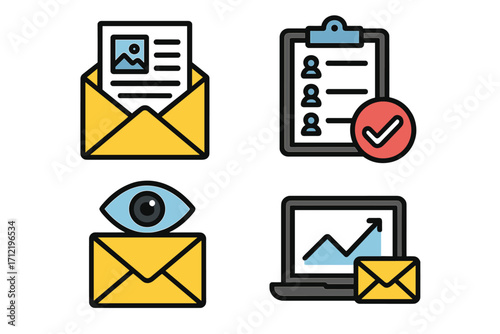 Email marketing icon set for newsletter campaign. Vector icons for subscriber list, open rate, analytics, and statistics. Digital marketing and promotion concepts.