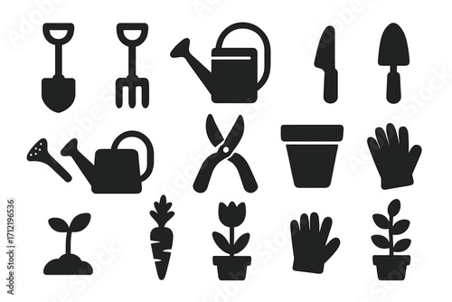 Garden icon set with tools and plants in simple silhouette design. Vector glyph collection for agriculture or horticulture. Includes shovel, watering can, gloves, and seedling.