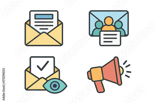 Email marketing icon set. Vector icons for newsletter, subscriber list, open rate, and campaign. Digital marketing communication symbols. Business promotion and announcement.