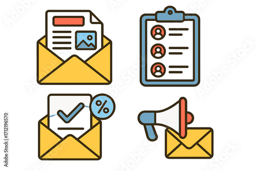 Email marketing icon set. Vector symbols for newsletter, subscriber list, open rate statistics, and promotion campaign. Digital business communication and advertising graphics.
