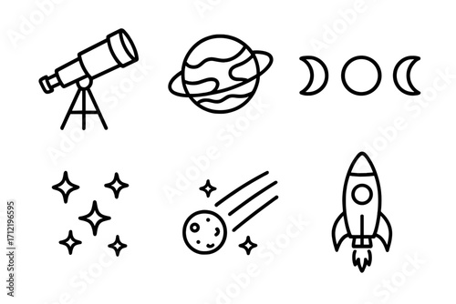 Astronomy icon set with telescope, planet, moon phases, stars, comet, and rocket. Vector line art illustration of space exploration and cosmic objects for science design.