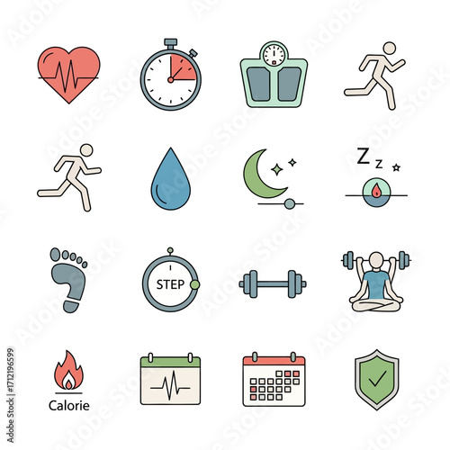 Health and Fitness Icons Collection - Heartbeat, Stopwatch, Weight Scale, Running, Sleep, and More.