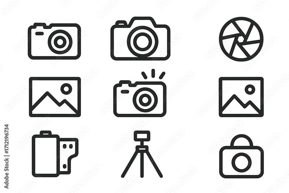 Obraz premium Minimalist photography line icon set. Camera, aperture, tripod, film roll, picture symbols. Vector collection for photographer, web, UI, and modern graphic design.
