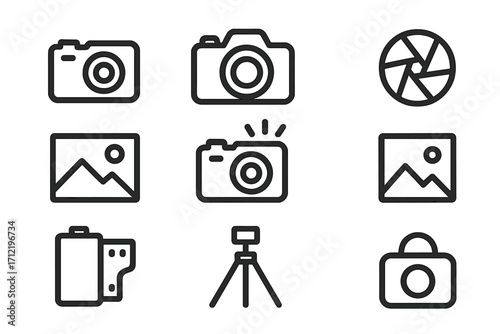 Minimalist photography line icon set. Camera, aperture, tripod, film roll, picture symbols. Vector collection for photographer, web, UI, and modern graphic design.