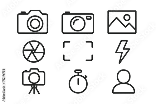 Set of minimalist photography line icons. Vector camera, picture, and photo symbols for modern web or app design. UI, UX graphic elements. Includes flash, timer, focus.