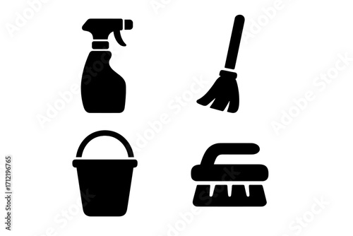 Minimalist cleaning icons set. Essential household tools in bold silhouettes. Vector illustration. Housekeeping service symbols. Spray, broom, bucket, scrub brush. Hygiene.