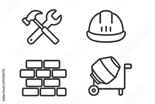 Construction line icon set. Building industry concept. Vector symbols of tools, hard hat, brick wall, concrete mixer. Engineering, repair, work, architecture pictogram.