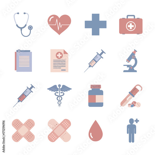 Medical Icons Set - Stethoscope, Heart, Cross, First Aid Kit, Syringe, Microscope.