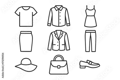 Vector line icon set of fashion clothes and accessories. Minimalist outline illustrations for web and app design. Includes t-shirt, blazer, dress, skirt, pants, hat, bag, shoe.