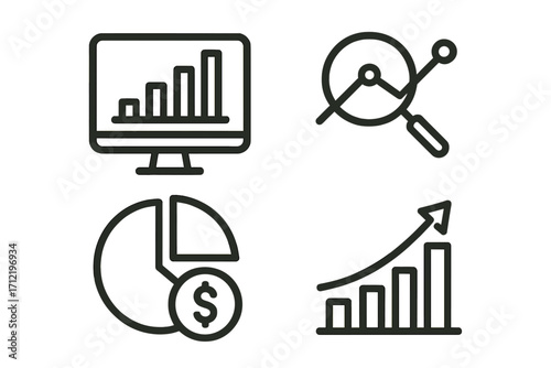 Data analysis line icon set for business intelligence dashboard. Vector collection of financial metrics, growth chart, and infographic elements. Outline pictograms for UI design.