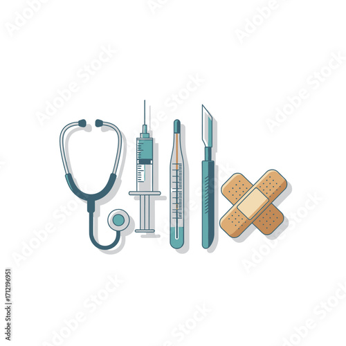 Medical Tools and Equipment - Stethoscope, Syringe, Thermometer, Scalpel, and Bandages.