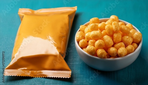 Wallpaper Mural a bowl of cheese puffs next to a sealed bag showcasing a snack option ideal for packaging design or food related content Torontodigital.ca