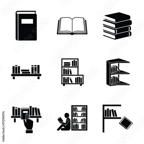 Collection of black and white book and bookshelf icons library reading