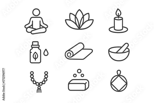 Yoga and meditation icon set. Minimalist line art symbols for wellness, mindfulness, and self-care. Vector illustration of lotus, mat, candle, essential oil, and beads.