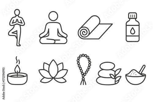Yoga meditation line icon set. Wellness, spa, and relaxation symbols. Minimalist outline vector pictograms for spiritual practice, balance, harmony, healthy lifestyle.