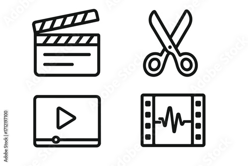 Video editing icon set. Minimalist linear symbols for post-production. Clapperboard for movie start, scissors for cut, play button for player, filmstrip with soundwave.