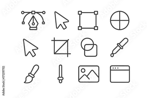 Graphic design tools icon set. Minimalist line art collection for UI and UX web design. Vector symbols for app interface elements, including pen tool, cursor, crop, and eyedropper.