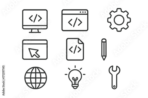 Programming and web development icon set. Minimalist outline style vector icons for UI UX design. Code, settings, browser, and tool symbols for software app development.