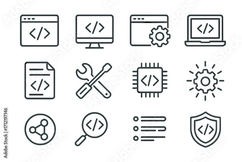 Programming and software development line icons set. Vector collection of minimal outline symbols for web, app, UI, UX design. Code, security, settings, and process concepts.