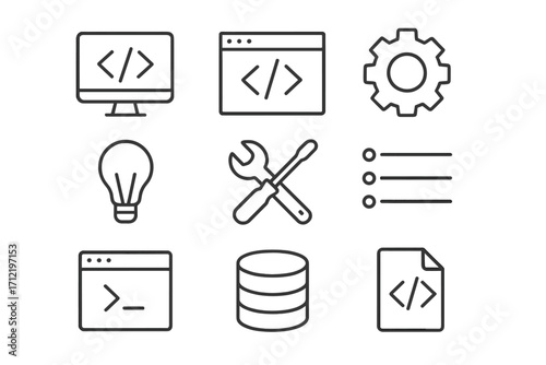 Minimalist programming and development icons set. Outline vector symbols for coding, software, app development, web design, database, settings, UI and UX graphic elements.