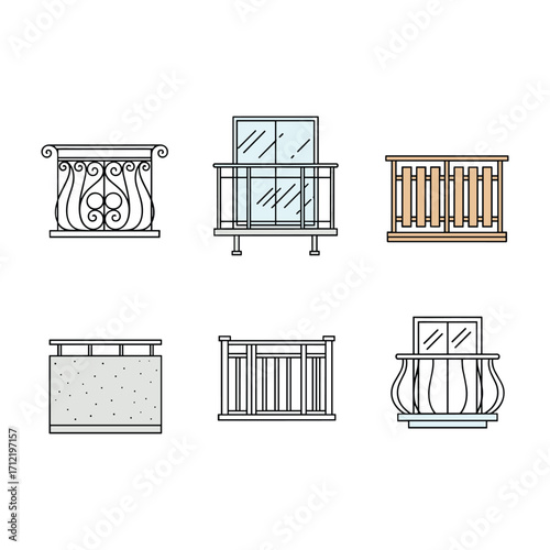 Six different balcony designs with windows and various railing styles architecture exterior