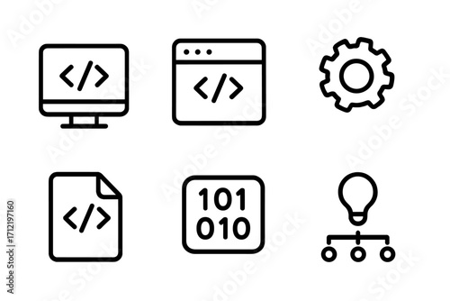 Minimalist programming icon set for developers. Clean line art vector icons for software engineering, web development, UI, and UX design. Includes code, binary, and algorithm symbols.